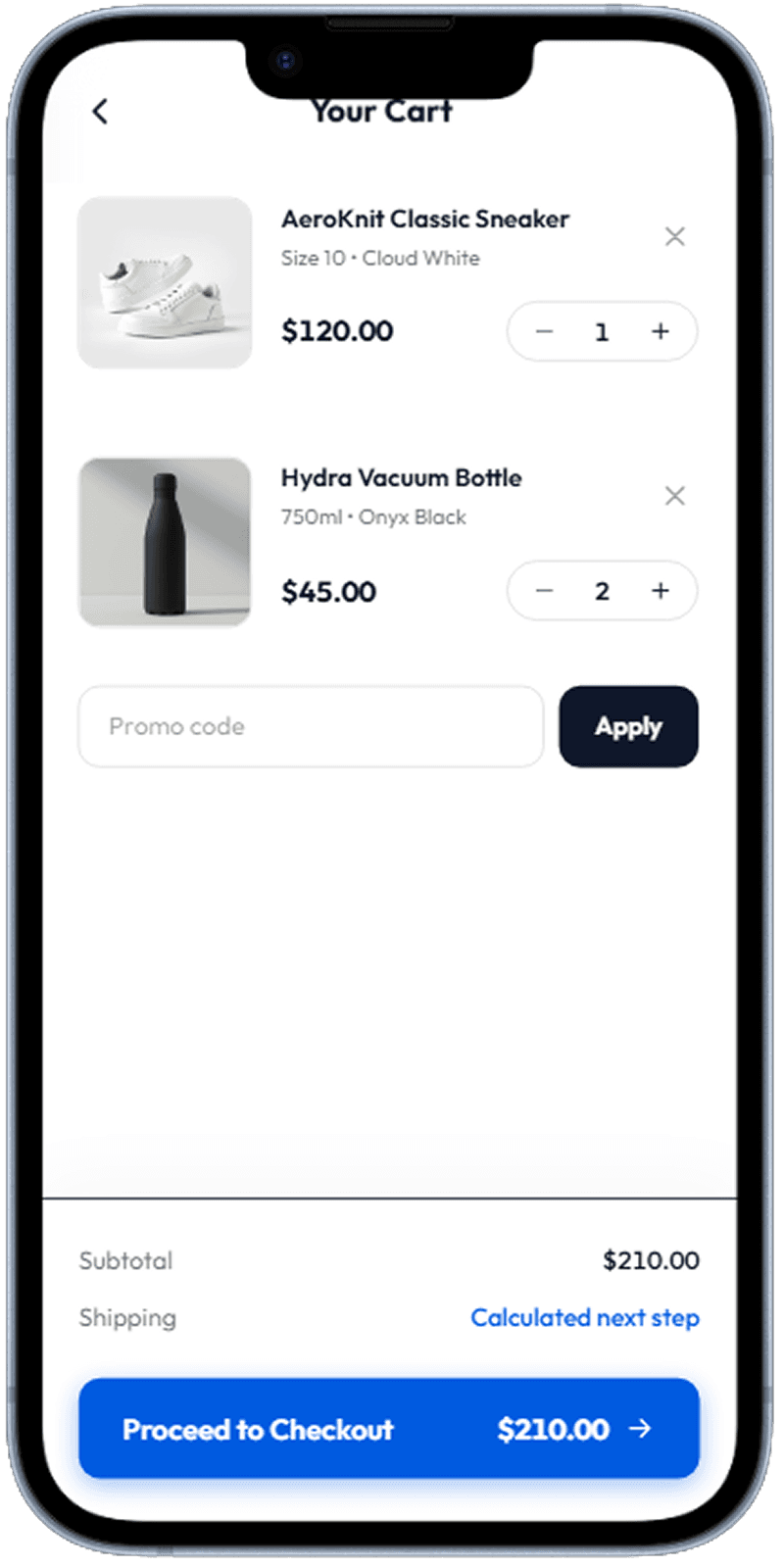Mobile app cart summary checkout screen