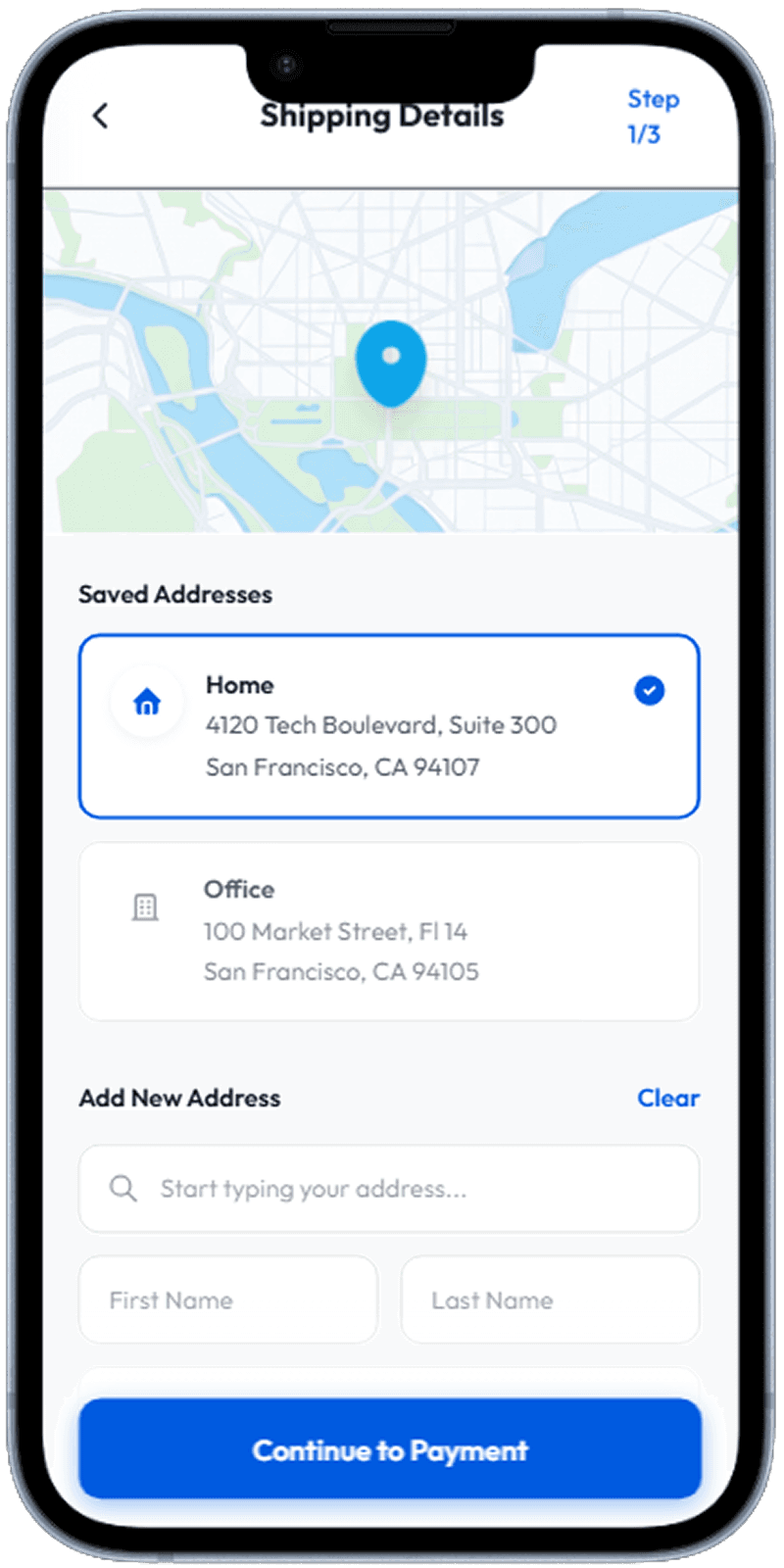 Mobile app delivery address checkout screen