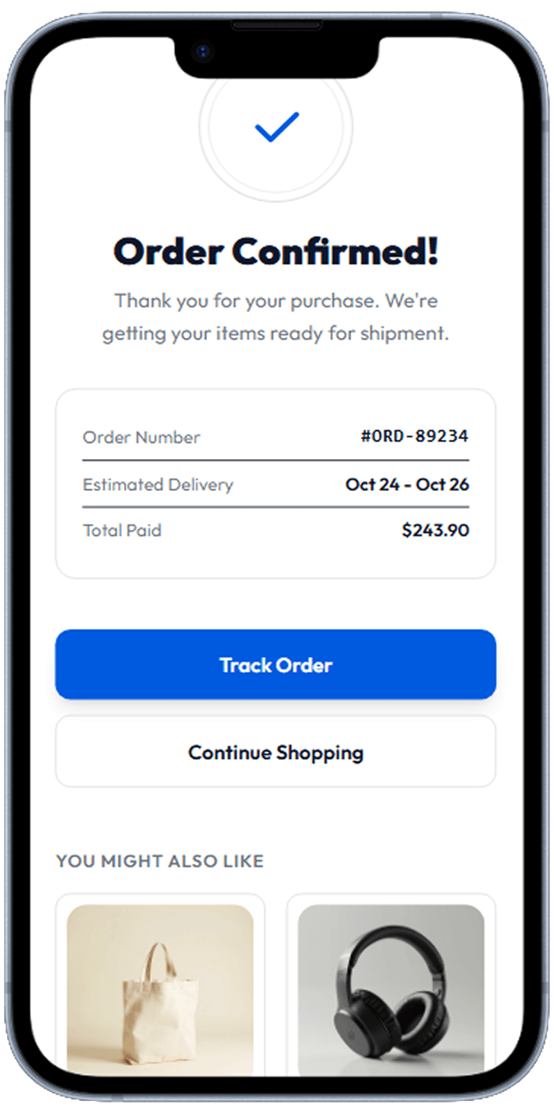 Mobile app order confirmation success screen