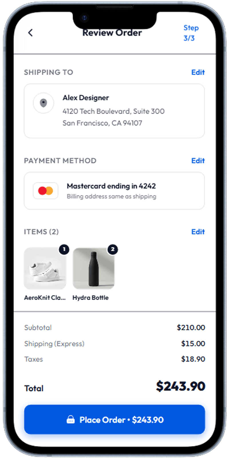 Mobile app order review checkout screen