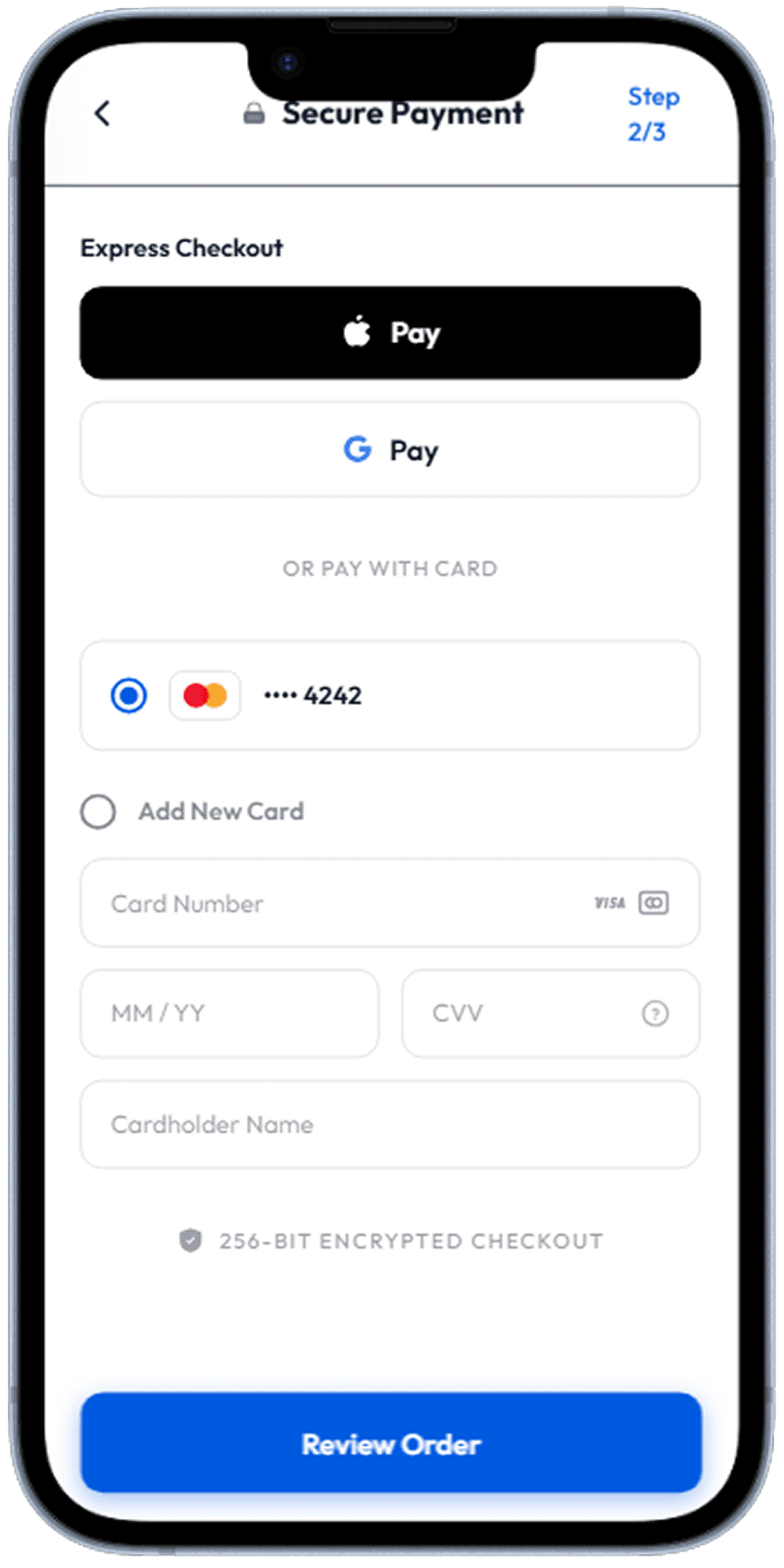 Mobile app payment method selection screen