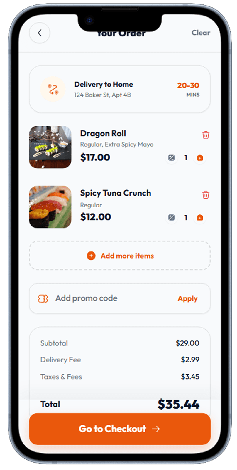 Food delivery app screen generated with Dezyn
