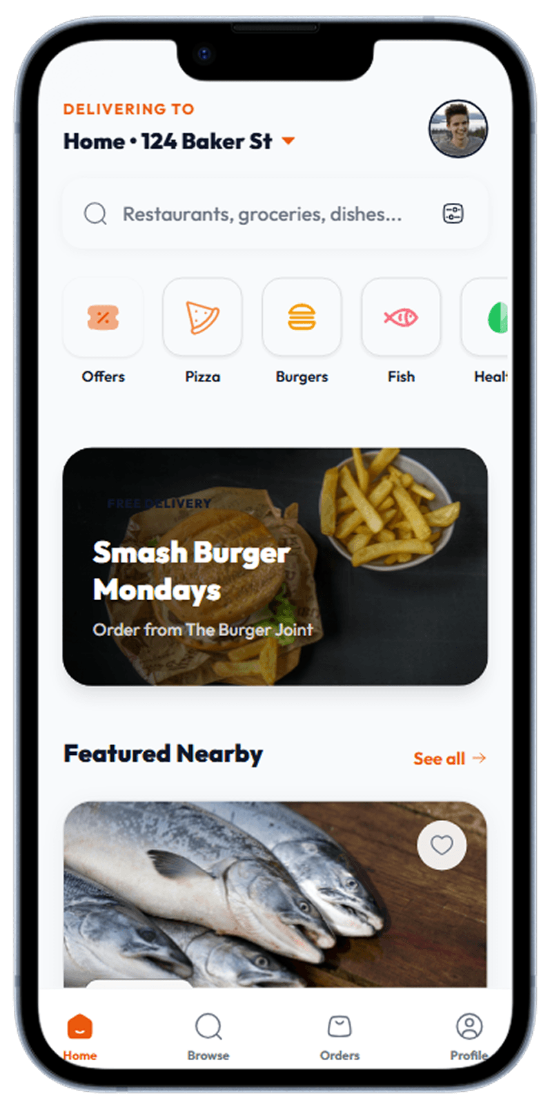 Food delivery app screen generated with Dezyn