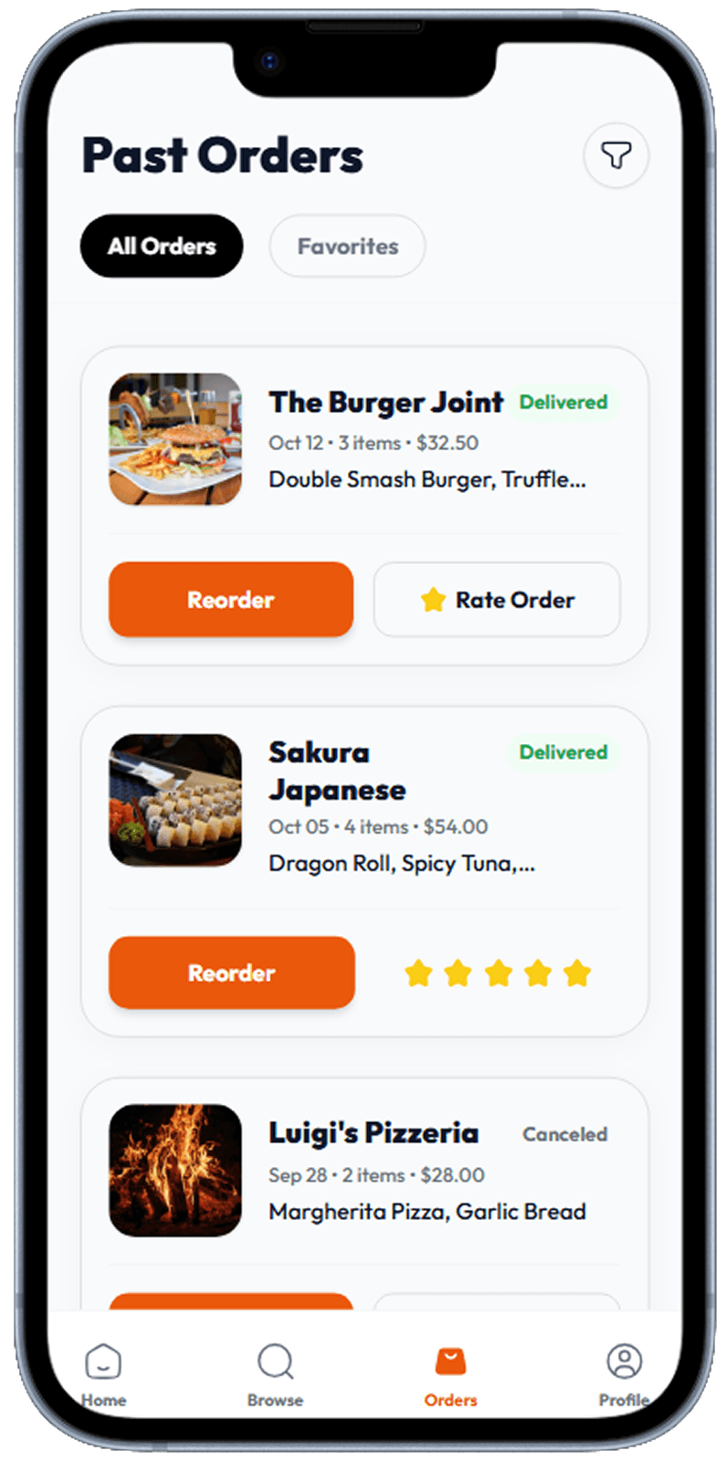Food delivery app screen generated with Dezyn