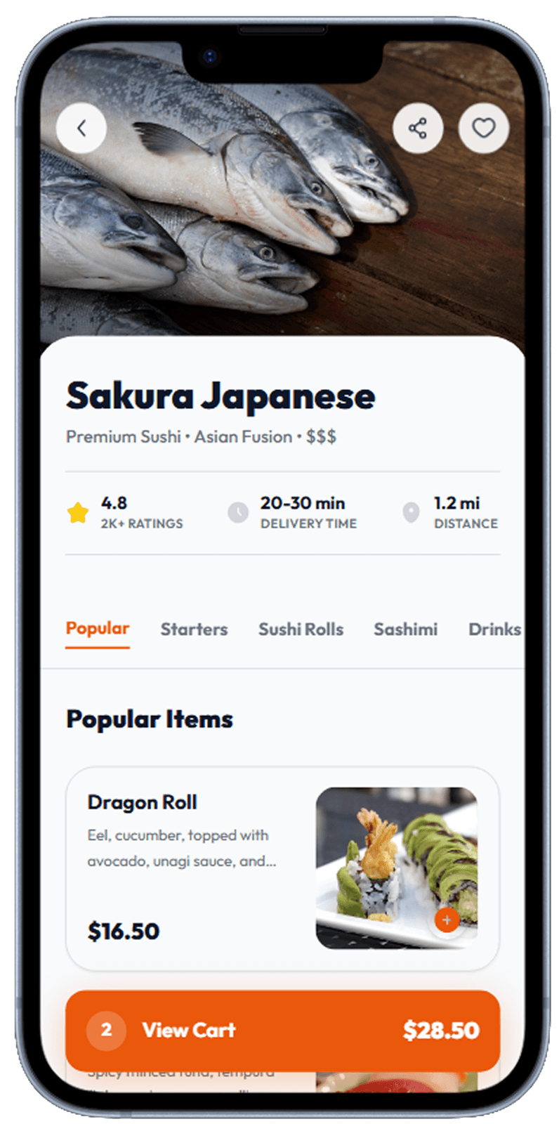Food delivery app screen generated with Dezyn