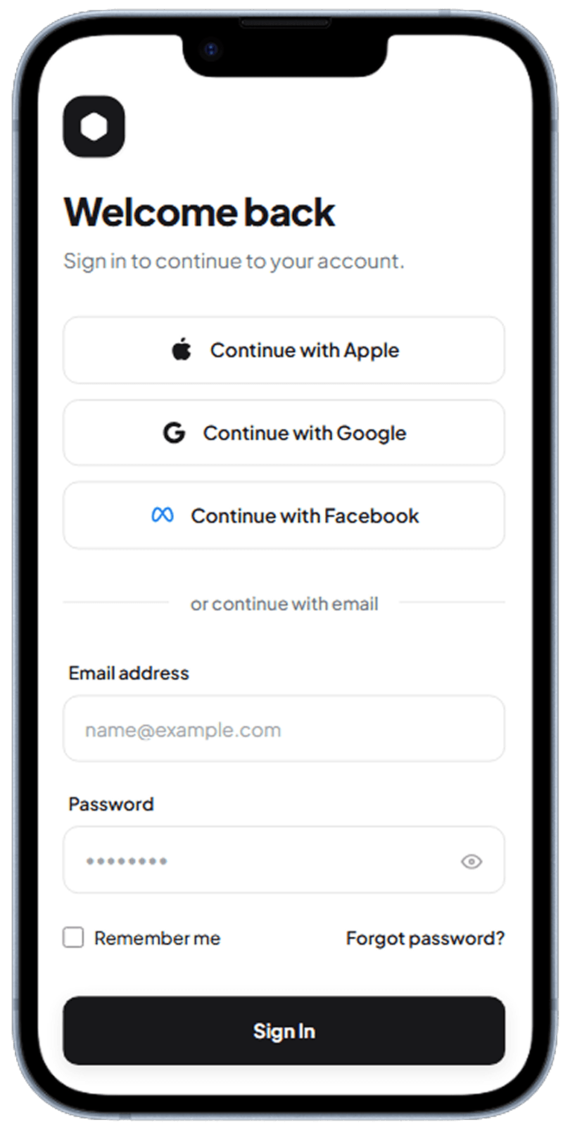 Mobile app email and password login screen