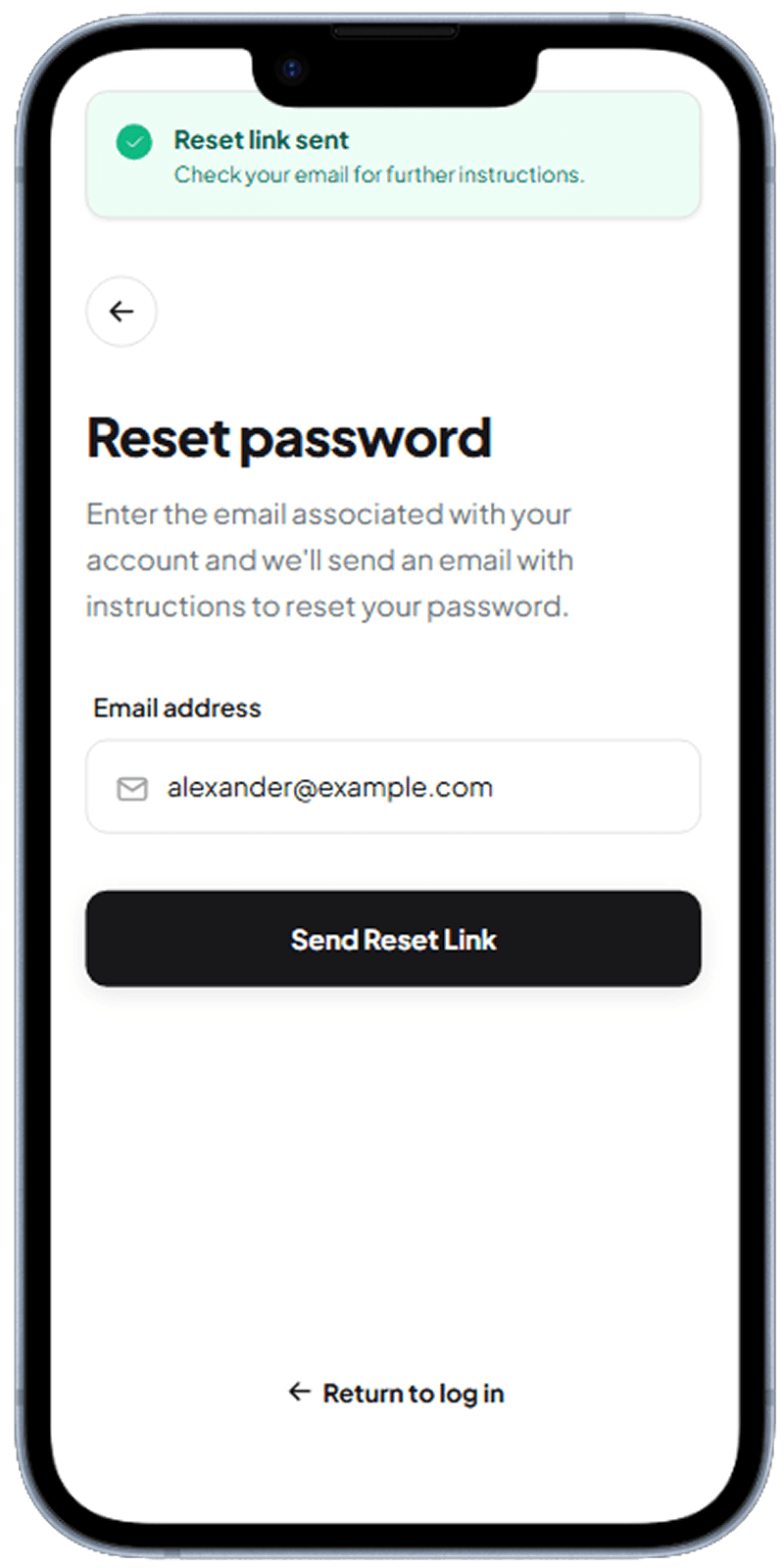 Mobile app forgot password recovery screen