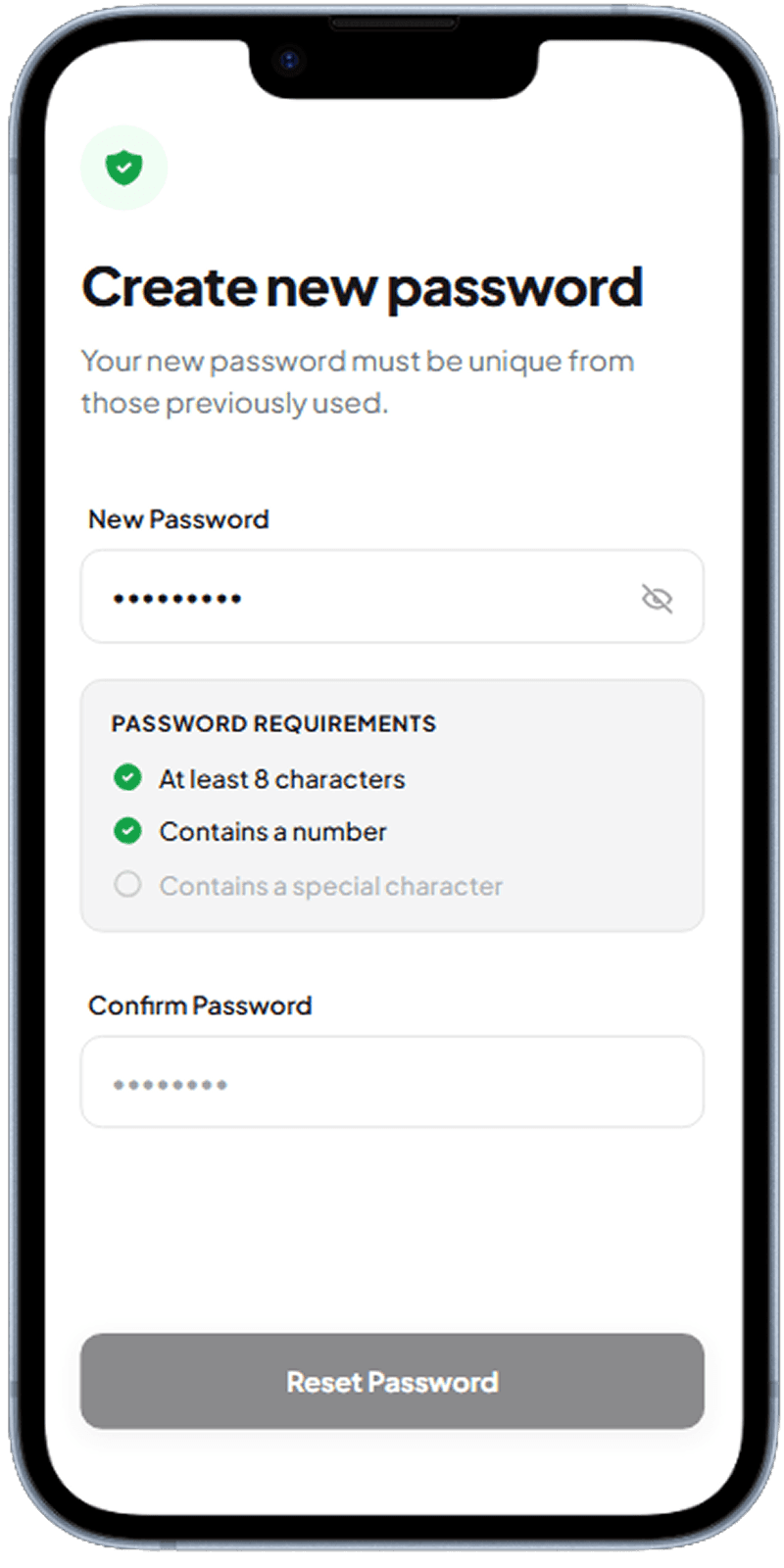 Mobile app create new password screen with requirement checklist