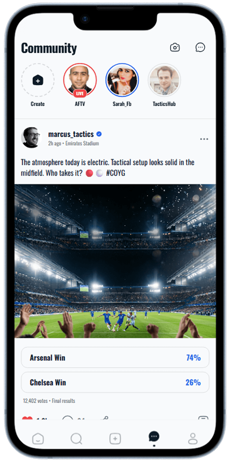 Sports community app screen generated with Dezyn