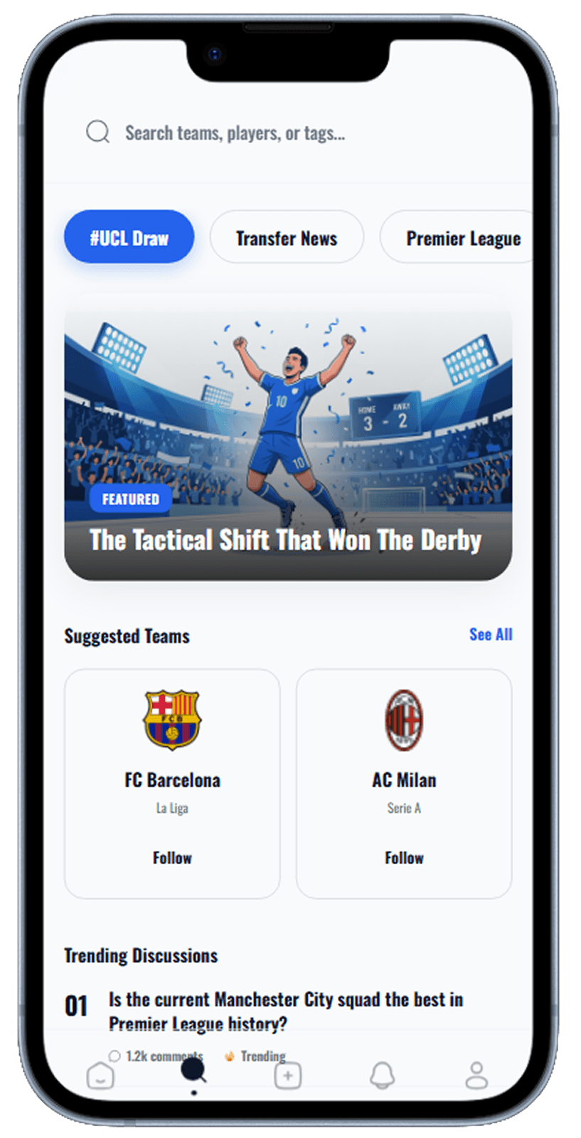Sports community app screen generated with Dezyn