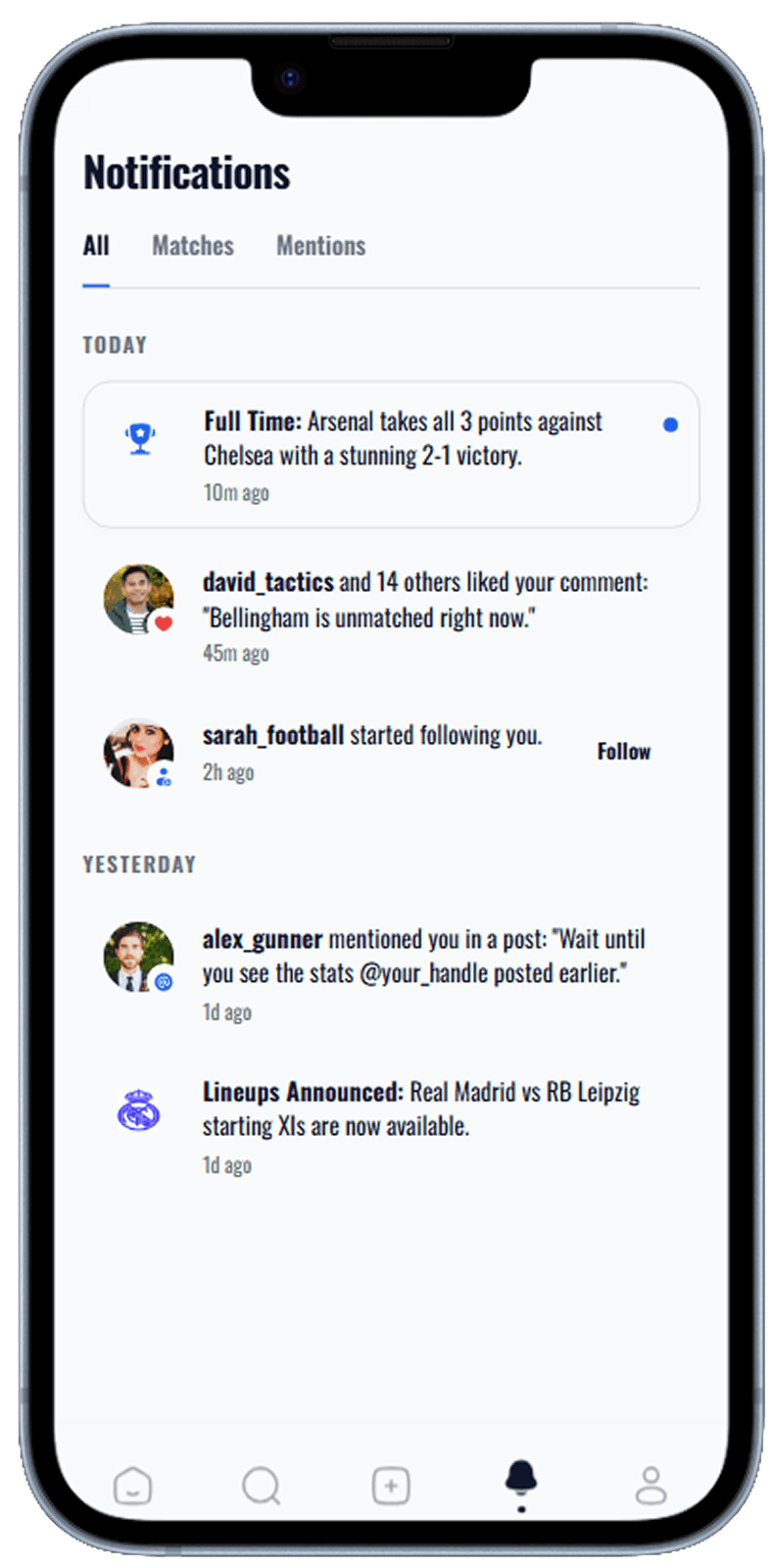 Sports community app screen generated with Dezyn