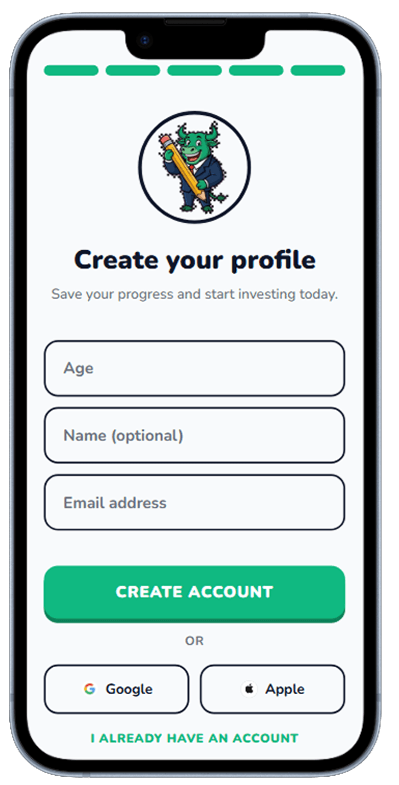 Stock learning app onboarding screen generated with Dezyn