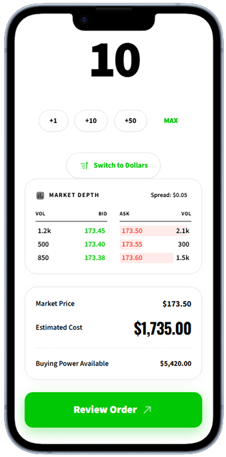 Stock trading app screen generated with Dezyn