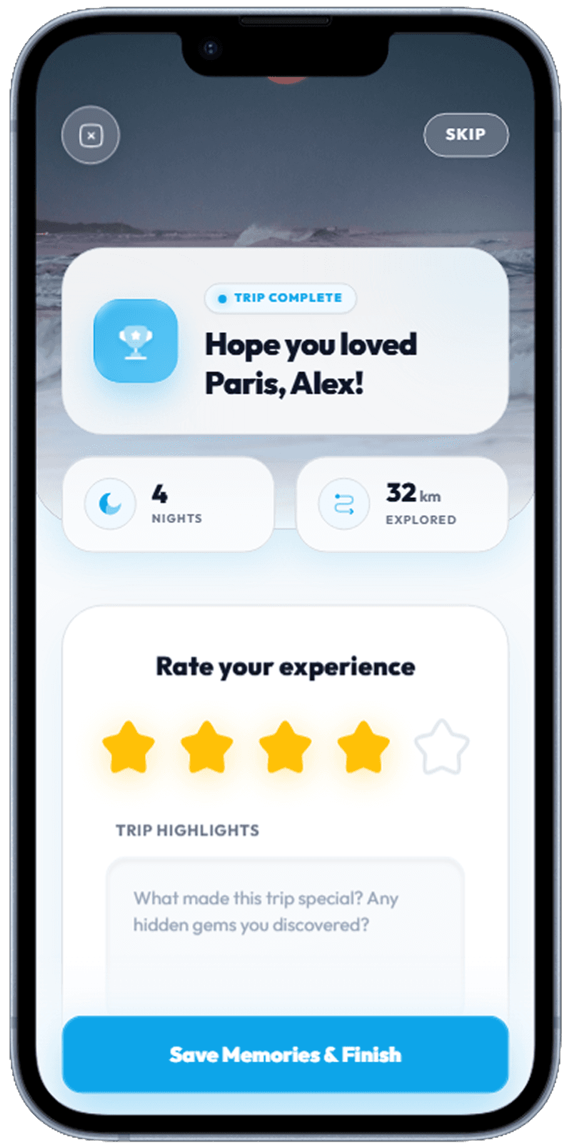 Travel booking app screen generated with Dezyn