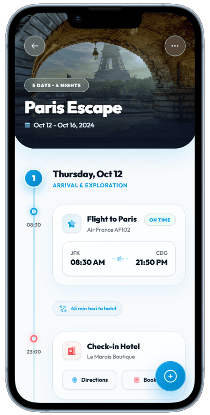 Travel booking app screen generated with Dezyn