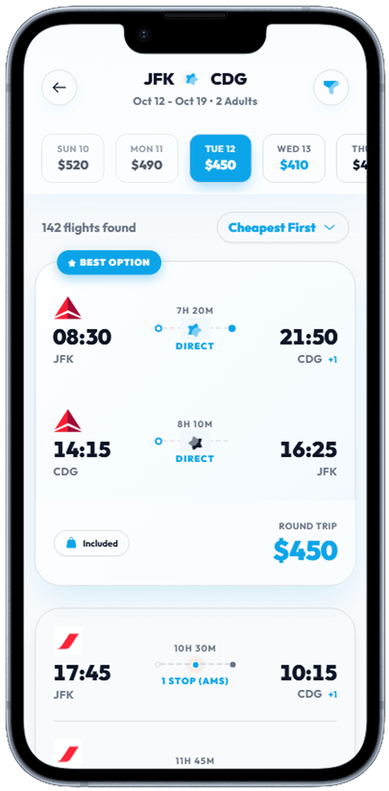 Travel booking app screen generated with Dezyn