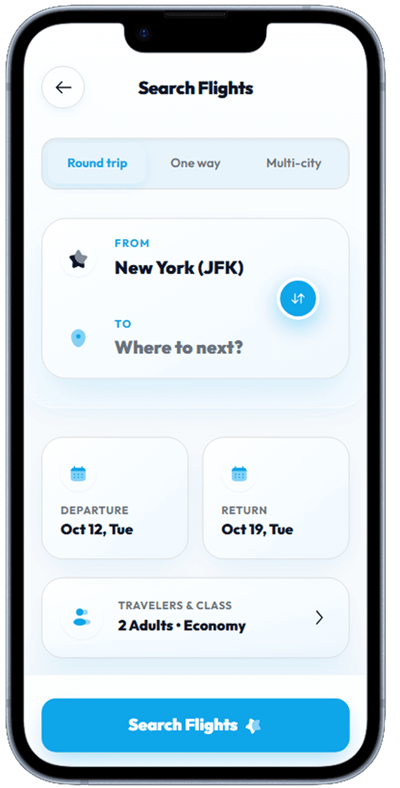 Travel booking app screen generated with Dezyn