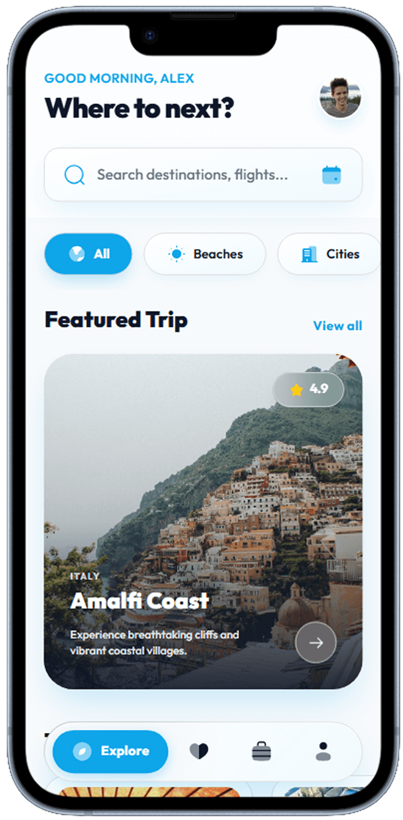 Travel booking app screen generated with Dezyn