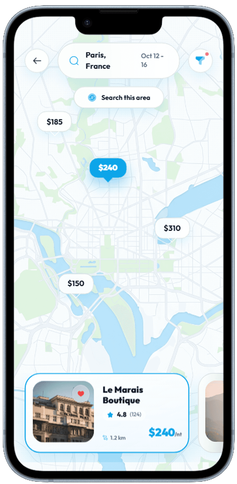 Travel booking app screen generated with Dezyn