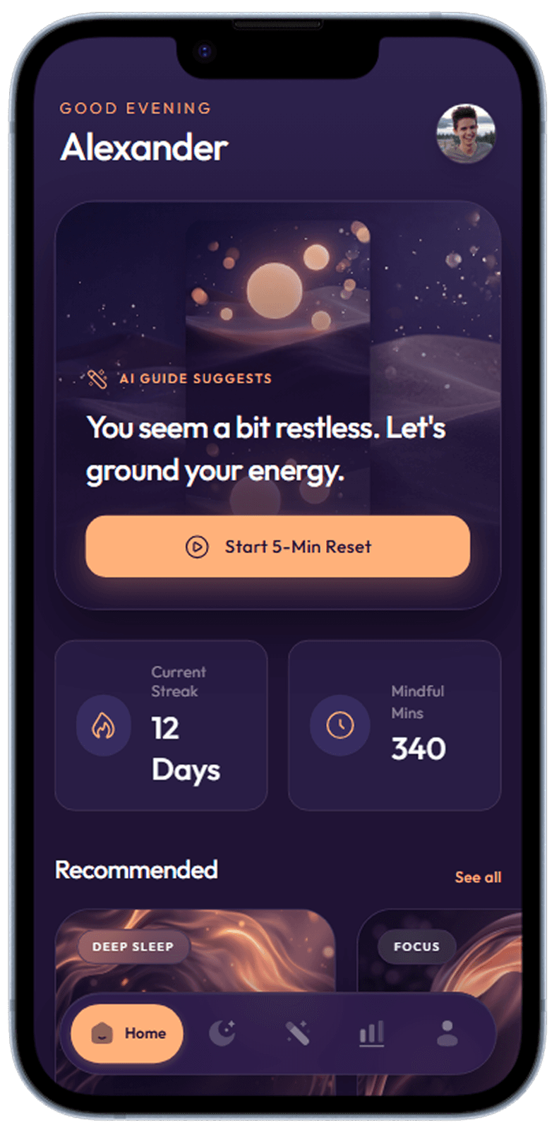 Wellness and meditation app screen generated with Dezyn