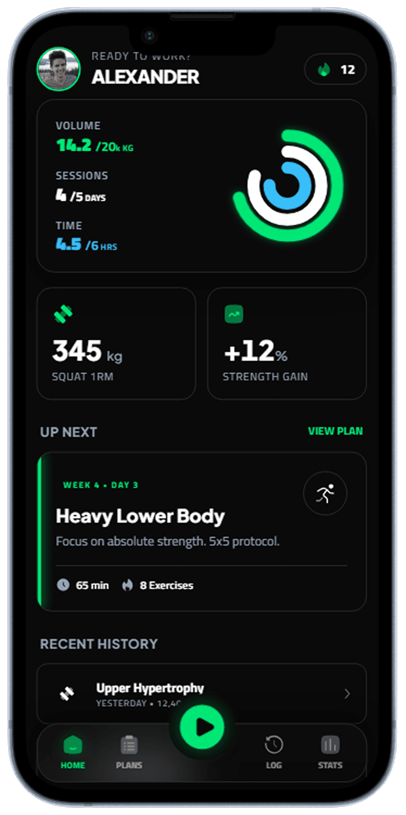 Workout and gym tracking app screen generated with Dezyn