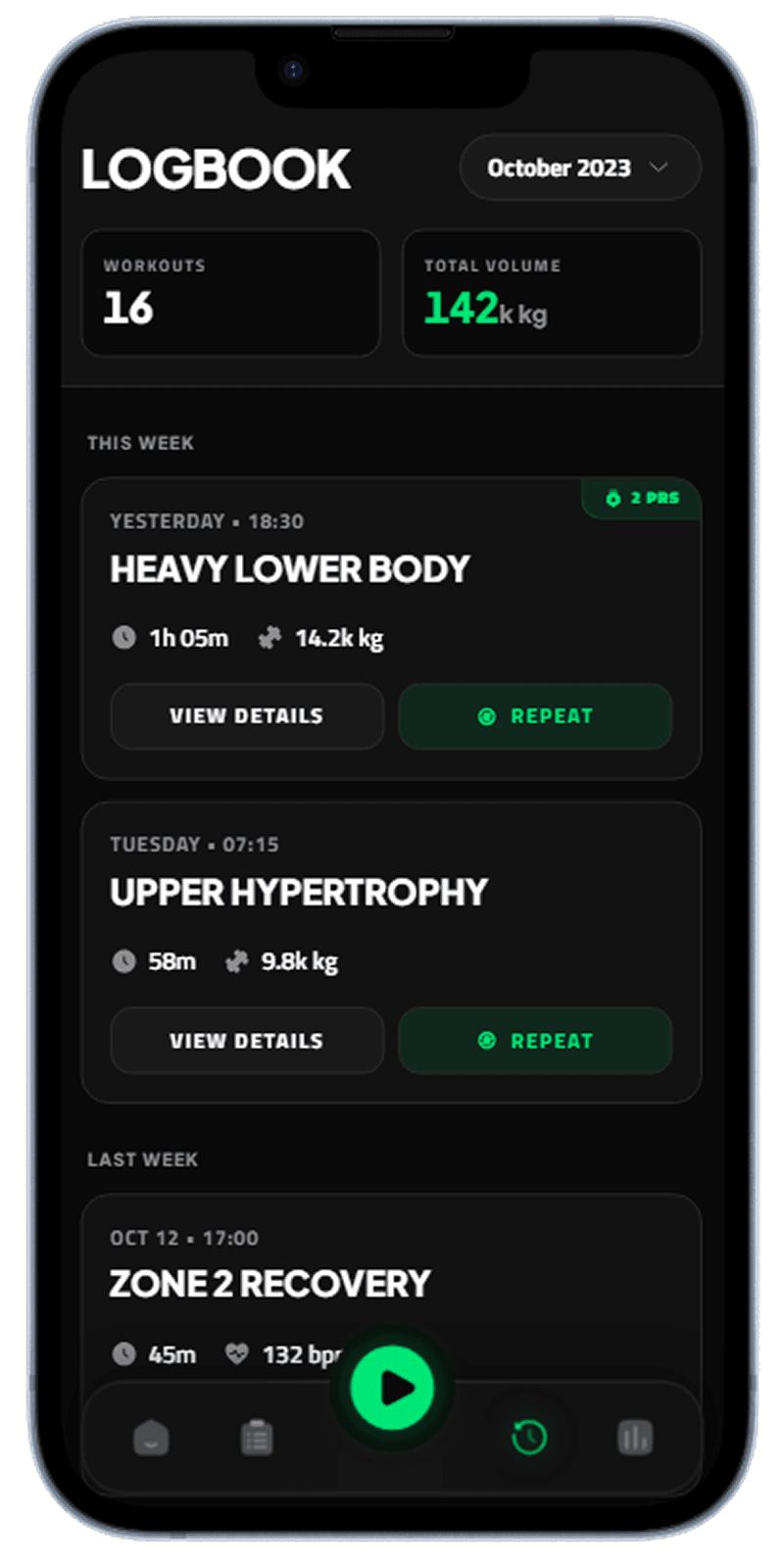 Workout and gym tracking app screen generated with Dezyn